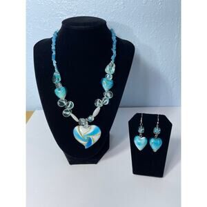 Turquoise Gold Heart Art Glass Beaded Statement Necklace and Dangle Earring Set